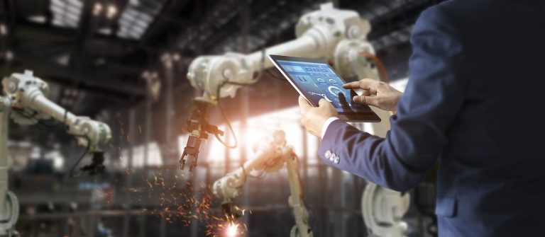 Manager Industrial Engineer Using Tablet Check And Control Autom